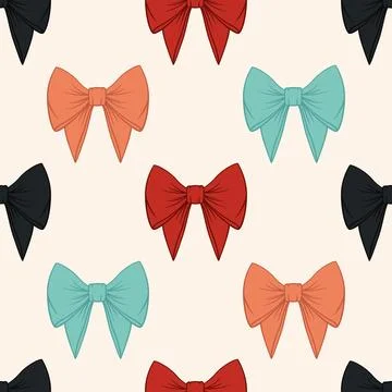 Vector Seamless Pattern with Cartoon Bow Tie or Gift Bow with Outline on White Stock Illustration