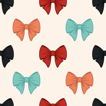 Vector Seamless Pattern with Cartoon Bow Tie or Gift Bow with Outline on White Stock Illustration