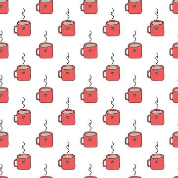 Vector seamless pattern with cartoon cup on white background. Hand-drawn dood Stock Illustration