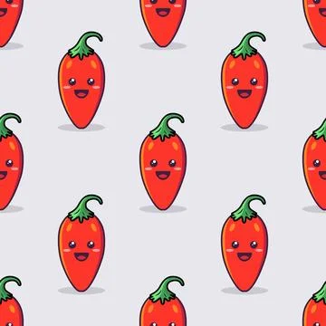 Vector Seamless Pattern with Cartoon Cute and Funny Red Hot Chili Peppers Stock Illustration