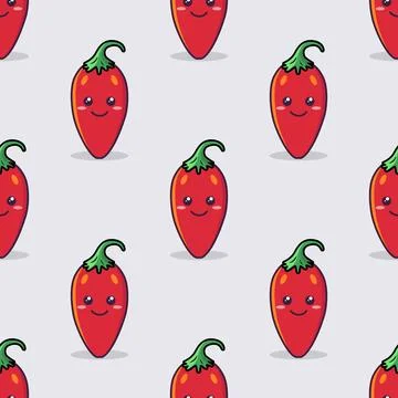 Vector Seamless Pattern with Cartoon Cute and Funny Red Hot Chili Peppers Stock Illustration
