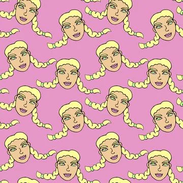 Vector seamless pattern with cartoon face of a girl or woman with two pigtail Stockillustratie