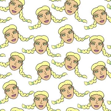 Vector seamless pattern with cartoon face of a girl or woman with two pigta.. Illustrazione stock