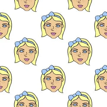 Vector Seamless pattern with cartoon face girl or woman with bow. Hand draw.. イラスト素材
