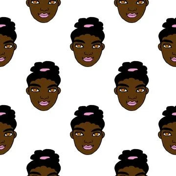 Vector Seamless pattern with cartoon face girl or woman. Hand drawn heads o.. Stock Illustration