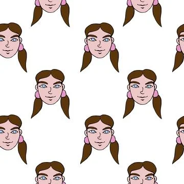 Vector seamless pattern with cartoon face girl or woman with two ponytails... Stock Illustration