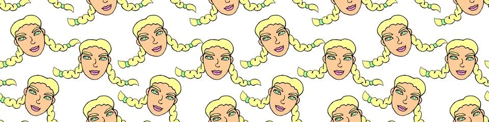 Vector seamless pattern with cartoon face of a girl or woman with two pigtail Stock Illustration