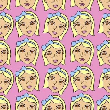Vector Seamless pattern with cartoon face girl or woman with bow. Hand draw.. Stock Illustration
