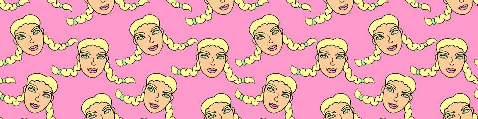 Vector seamless pattern with cartoon face of a girl or woman with two pigta.. 스톡 일러스트