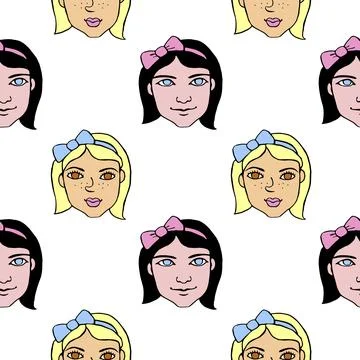 Vector Seamless pattern with cartoon face girls or women with bow. Hand drawn Stock Illustration