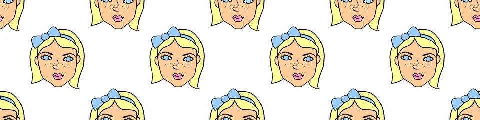 Vector Seamless pattern with cartoon face girl or woman with bow. Hand draw.. 스톡 일러스트