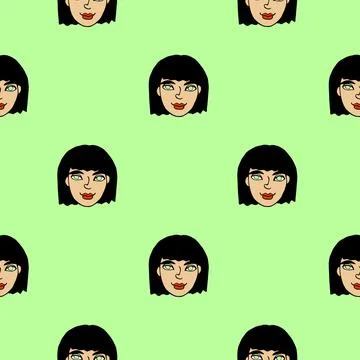 Vector Seamless pattern with cartoon face girl or woman. Hand drawn heads o.. Illustrazione stock