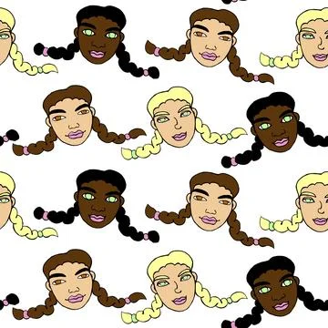 Vector seamless pattern with cartoon faces of girls, women with two pigtail.. Illustrazione stock
