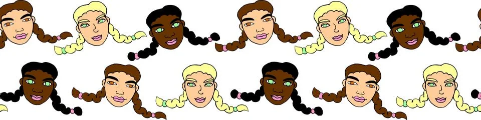 Vector seamless pattern with cartoon faces of girls, women with two pigtails. 스톡 일러스트