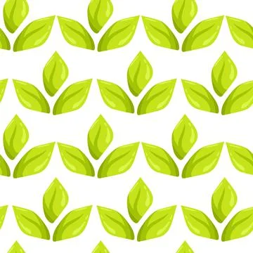 Vector seamless pattern with cartoon green leaves, flat isolated background w Stock Illustration