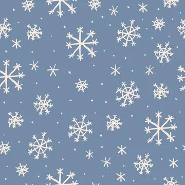 Vector seamless pattern with cartoon hand drawn snowflakes on blue background Stock Illustration