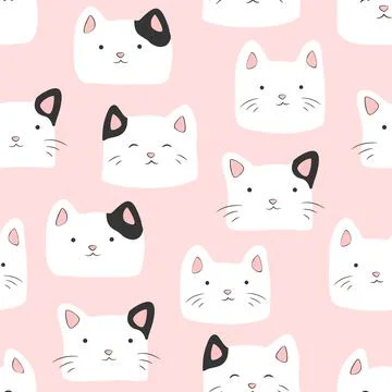 Vector seamless pattern with cartoon hand drawn cat faces isolated on pink .. Stock Illustration