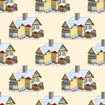 Vector seamless pattern with cartoon houses in winter time Stock Illustration