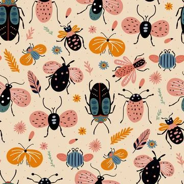 Vector seamless pattern cartoon image of insects butterfly, beetle, moth, garden Stock Illustration