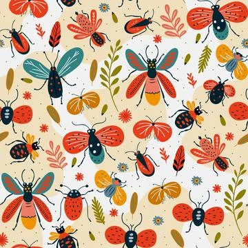Vector seamless pattern cartoon image of insects butterfly, beetle, moth, garden 스톡 일러스트