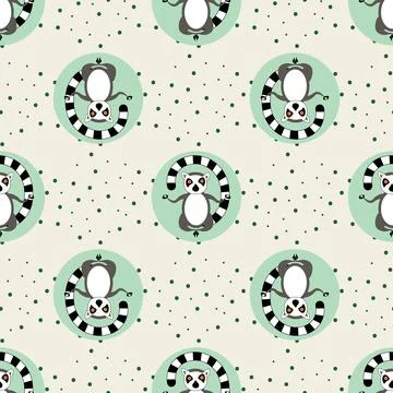 Vector seamless pattern with Cartoon meditating lemur Stock Illustration
