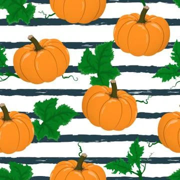 Vector seamless pattern with cartoon pumpkin on stripped background. Stock Illustration