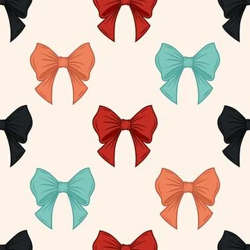 Vector Seamless Pattern with Cartoon Red, Orange, Blue, Black Bow Tie, Gift Bow Stockillustratie