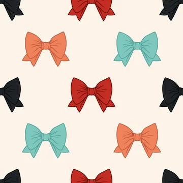 Vector Seamless Pattern with Cartoon Red, Orange, Blue, Black Bow Tie, Gift Bow Stock Illustration
