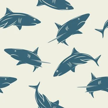 Vector Seamless Pattern with Cartoon Sharks Silhouette. Seamless Texture with Illustrazione stock