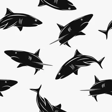 Vector Seamless Pattern with Cartoon Sharks Silhouette. Seamless Texture with Illustrazione stock