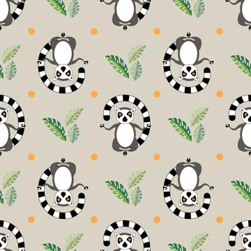 Vector seamless pattern. Cartoon style icon of meditating lemur. Cute charact Stock Illustration