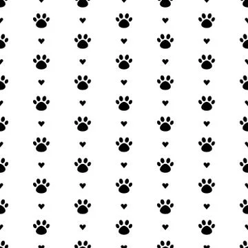 Vector seamless pattern with cat paw dog paw, hearts. Black and white background Stock Illustration