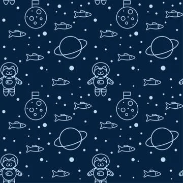 Vector Seamless pattern with cat in space, the Moon and Saturn Stock Illustration
