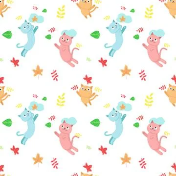 Vector seamless pattern with cats autumn leaves Stock Illustration