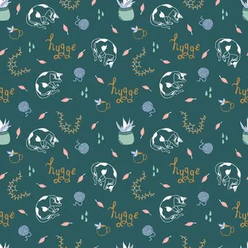 Vector seamless pattern with cats, falling leaves and handwritten lettering Stock Illustration