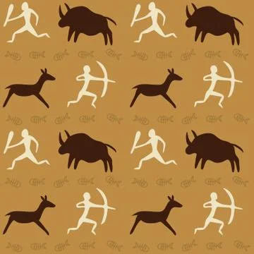 Vector Seamless Pattern with Cave Drawings Theme Stock Illustration
