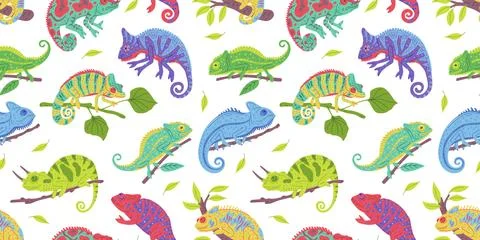 Vector seamless pattern with chameleons sitting on a tree branch on a white Stock Illustration