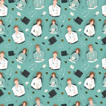Vector seamless pattern of characters doctors, medical workers in green or wh Stock Illustration