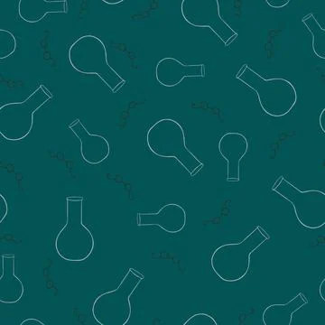 Vector Seamless pattern with chemistry flaks with glasses on a green background. Stock Illustration