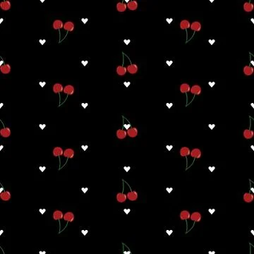 Vector seamless pattern with cherries and hearts on black background. Stock Illustration