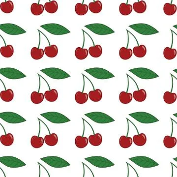 Vector seamless pattern with cherries and leaves on white background. Illustrazione stock