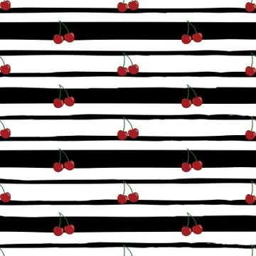 Vector seamless pattern with cherries on black striped bachground. Illustrazione stock