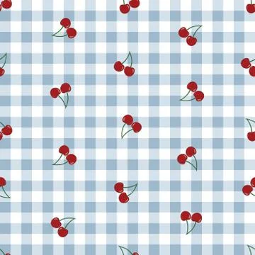 Vector seamless pattern with cherries on blue checkered bachground. Stock Illustration