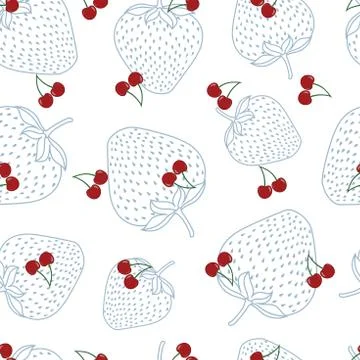 Vector seamless pattern with cherries on blue and white strawberry background. Stock Illustration