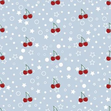 Vector seamless pattern with cherries on blue bachground with stars and circles. Stock Illustration