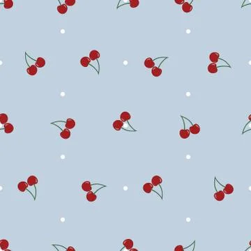 Vector seamless pattern with cherries on blue and white dot background. Stock Illustration