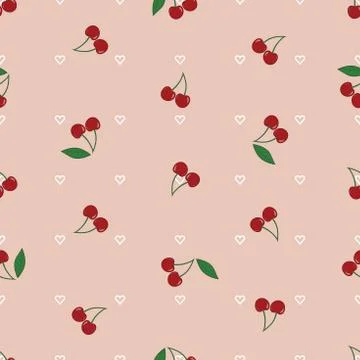 Vector seamless pattern with cherries hearts and leaves on pink background. Stock Illustration