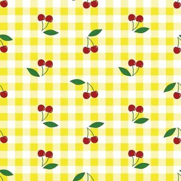 Vector seamless pattern with cherries with leaves on yellow checkered bachground Stock Illustration