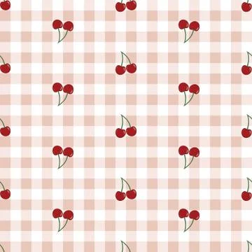 Vector seamless pattern with cherries on pink checkered bachground. Stock Illustration