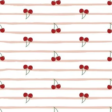 Vector seamless pattern with cherries on pink striped bachground. Stock Illustration
